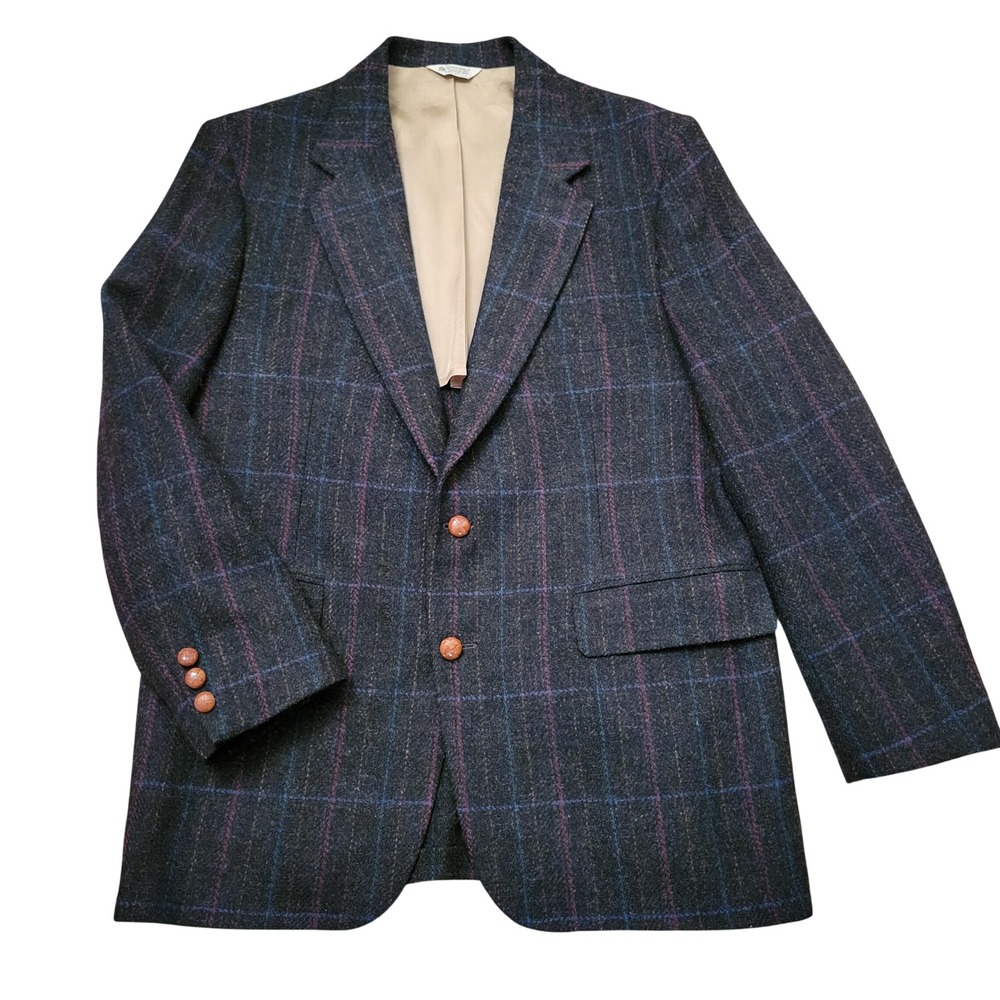 Wall Street 42R Blazer Grey Wool Plaid Windowpane Sport Coat USA Preppy Academia